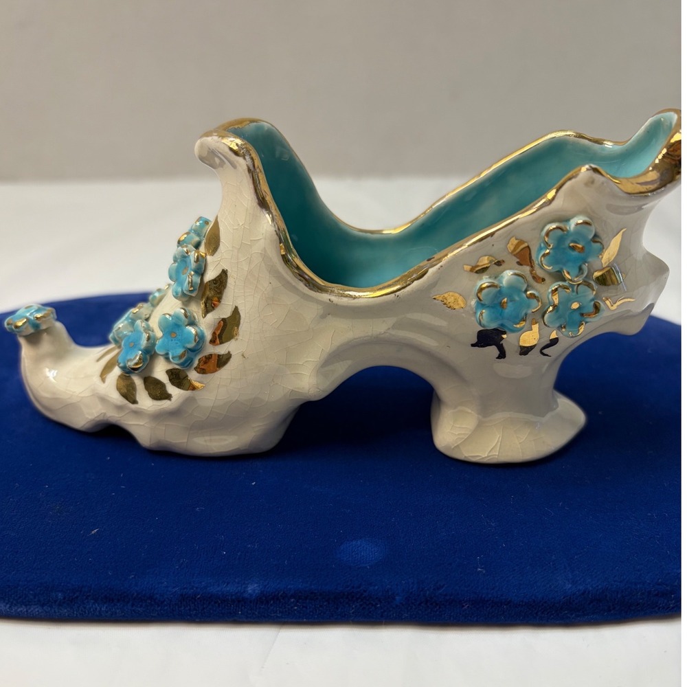 Vintage Ceramic Shoe Figurine Crackle Glaze Blue Flowers Gold Trim Trinket Dish